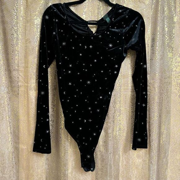 Wild Fable Black Velvet Whimsygoth Stars Moons Backless Bodysuit Small - Picture 1 of 11